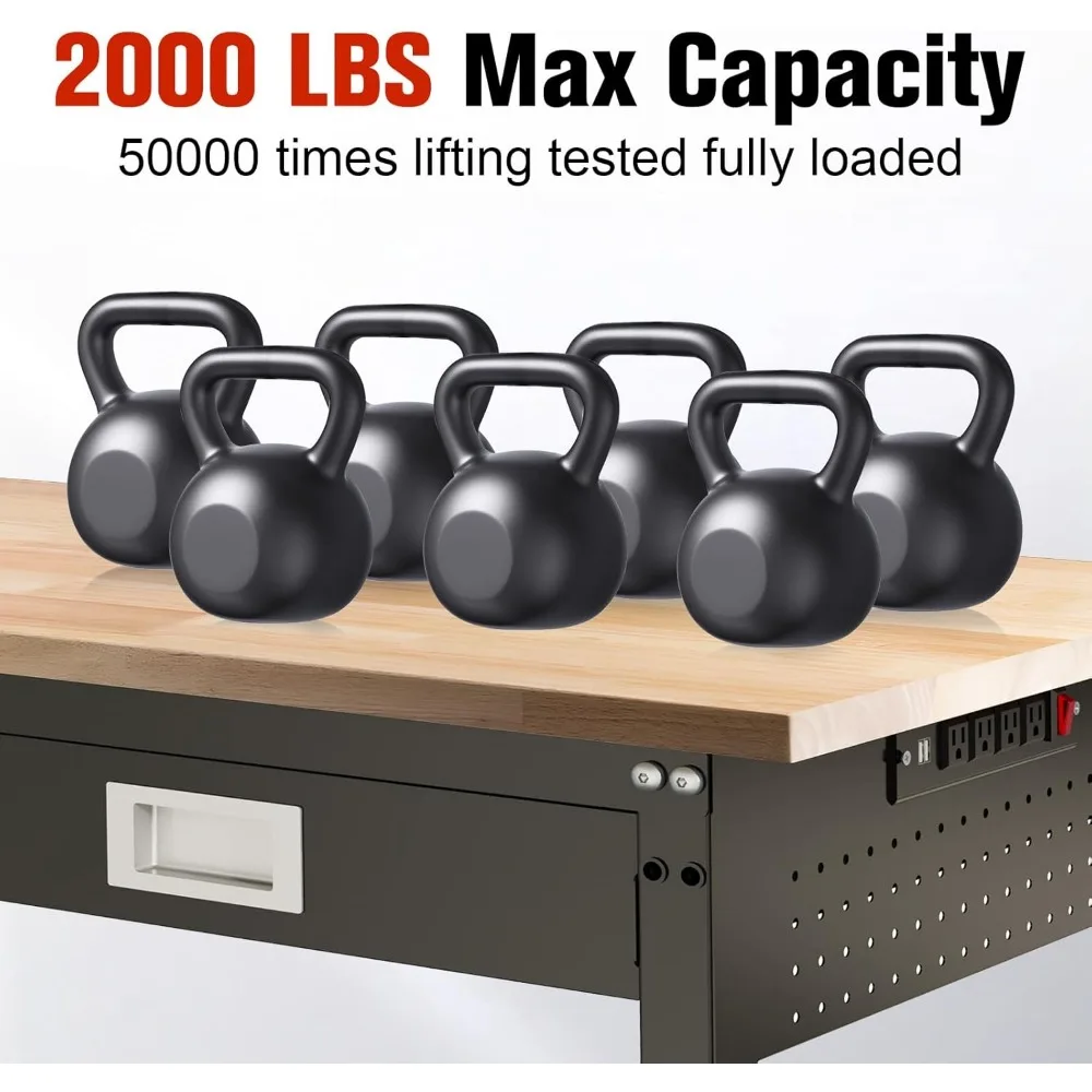 Adjustable Heavy Duty 2000 LBS Workbench with Drawers, Large Pegboard, and Strip Lighting for Garage Use