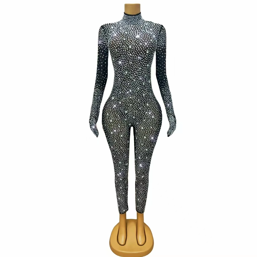 

Shizuan Sparkling Silver Full Diamond Jumpsuit Sexy See Through Mesh Belt Gloves Long Pants Bar Celebrity Performance Outfit