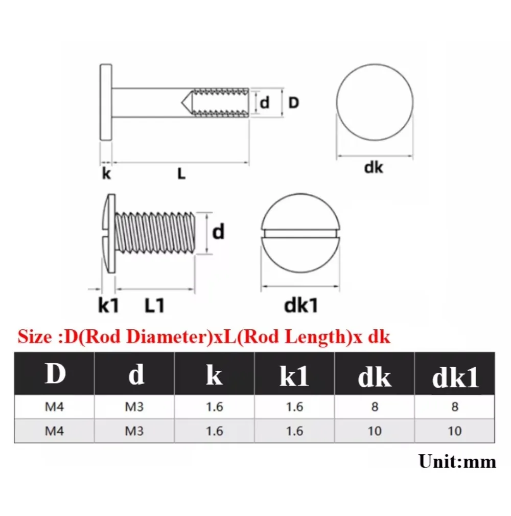 Solid Brass Belt Screws 8mm 10mm Round Head Chicago Book Screws, Rivet Studs for Photo Album Leather Craft Fasteners