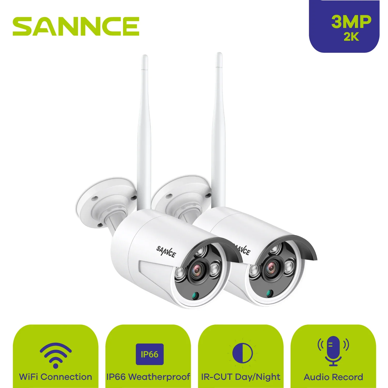 SANNCE 3MP HD беспроводные IP-камеры видеонаблюдения 2 шт. наружное видеонаблюдение аудиозапись обнаружение AI для SANNCE N48WHE NVR