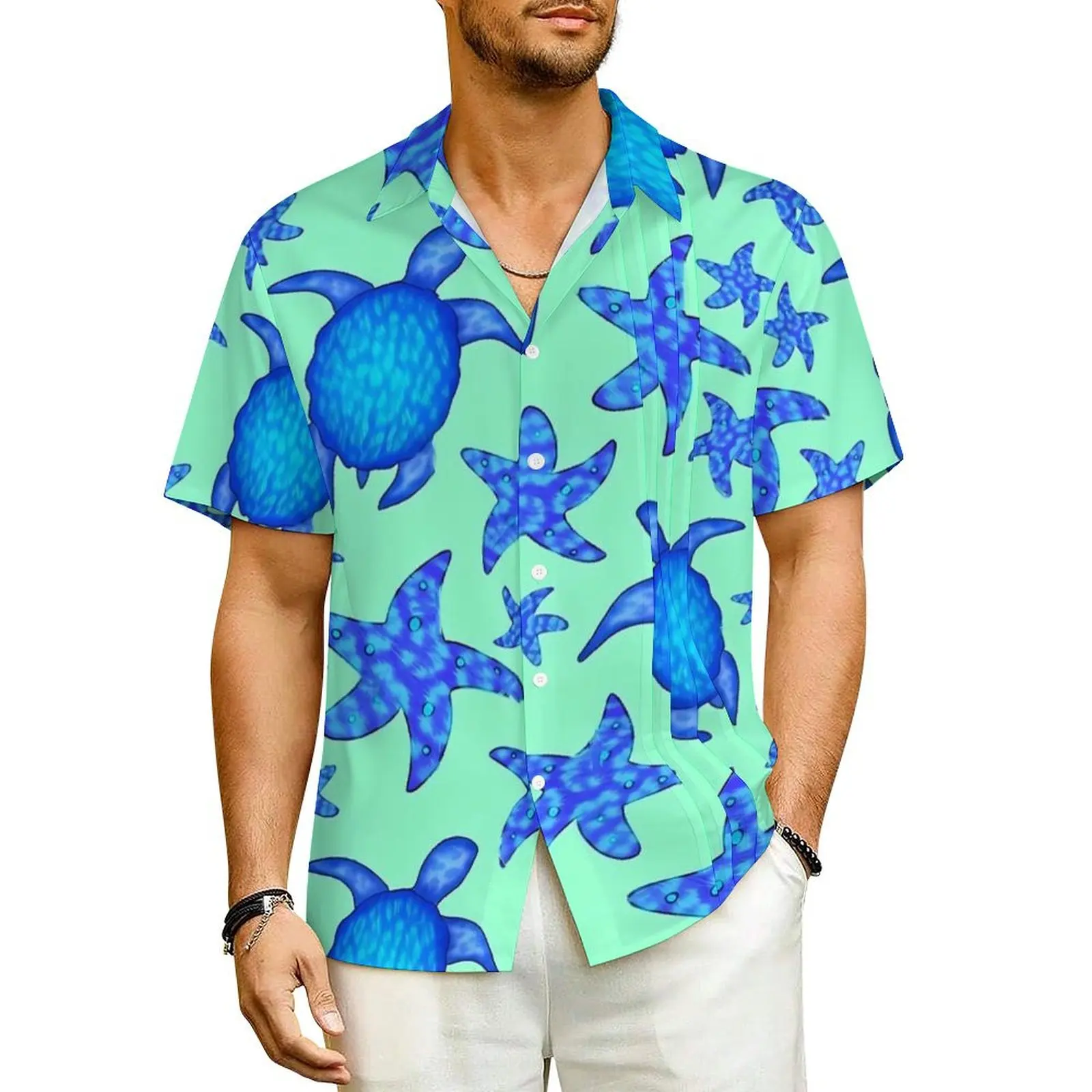 

Turtles And Starfish Vacation Shirt Mens Blue Sealife Cool Casual Shirts Hawaiian Short Sleeve Comfortable Oversized Blouses