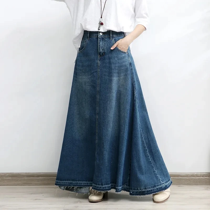 

Oversized High waisted Denim Long Swing Skirts women's Summer Slim Thin Half body A-line umbrella Skirts Female Casual Clothes