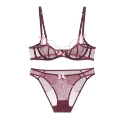 French Style Sexy Thin Cut See Through Lace Lingerie Women Bow Decor Anti Sagging Underwear Bra Set Female Transparent Bra Thong