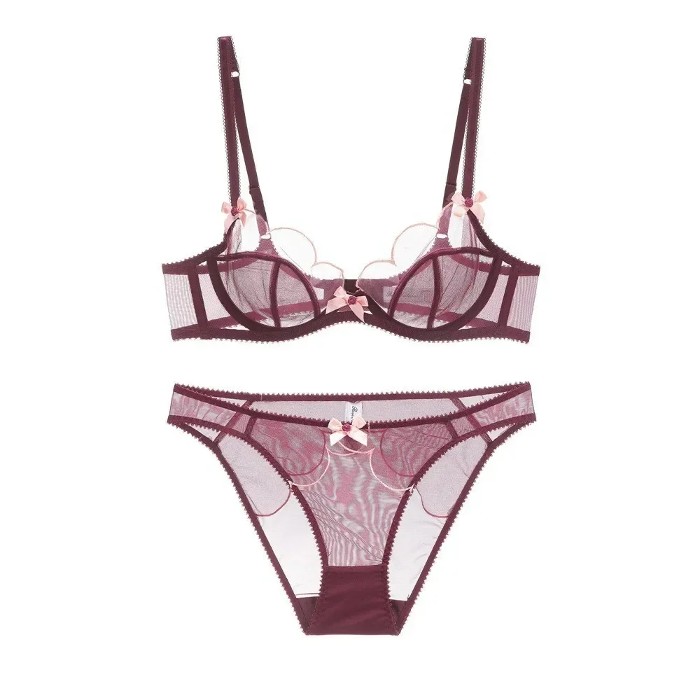 French Style Sexy Thin Cut See Through Lace Lingerie Women Bow Decor Anti Sagging Underwear Bra Set Female Transparent Bra Thong