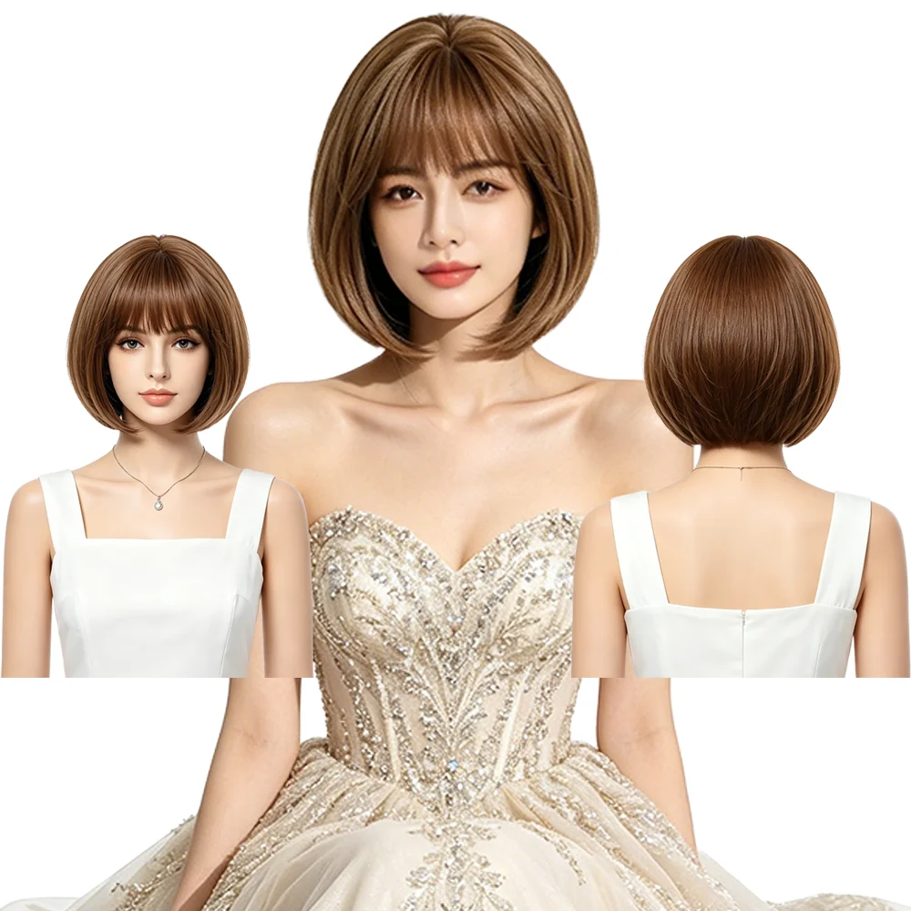 

Natural Gradient Brown Bob Wig Short Straight Hair With Air Bangs Glueless Heat Resistant Synthetic Wigs For Women Daily Party