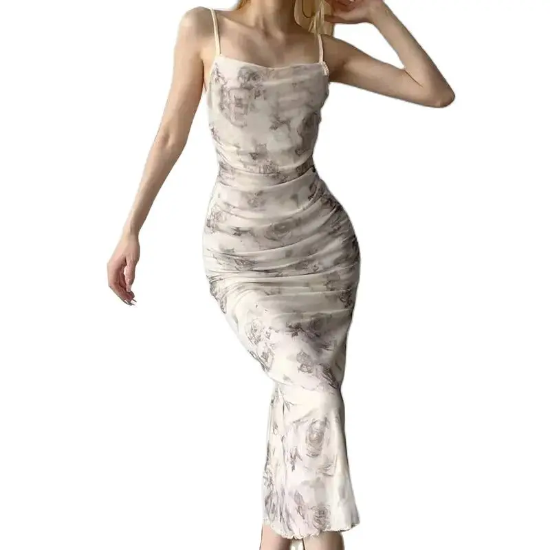 

New rose print camisole long dress with feminine temperament pleated and slim fitting sexy and slim looking slit dress