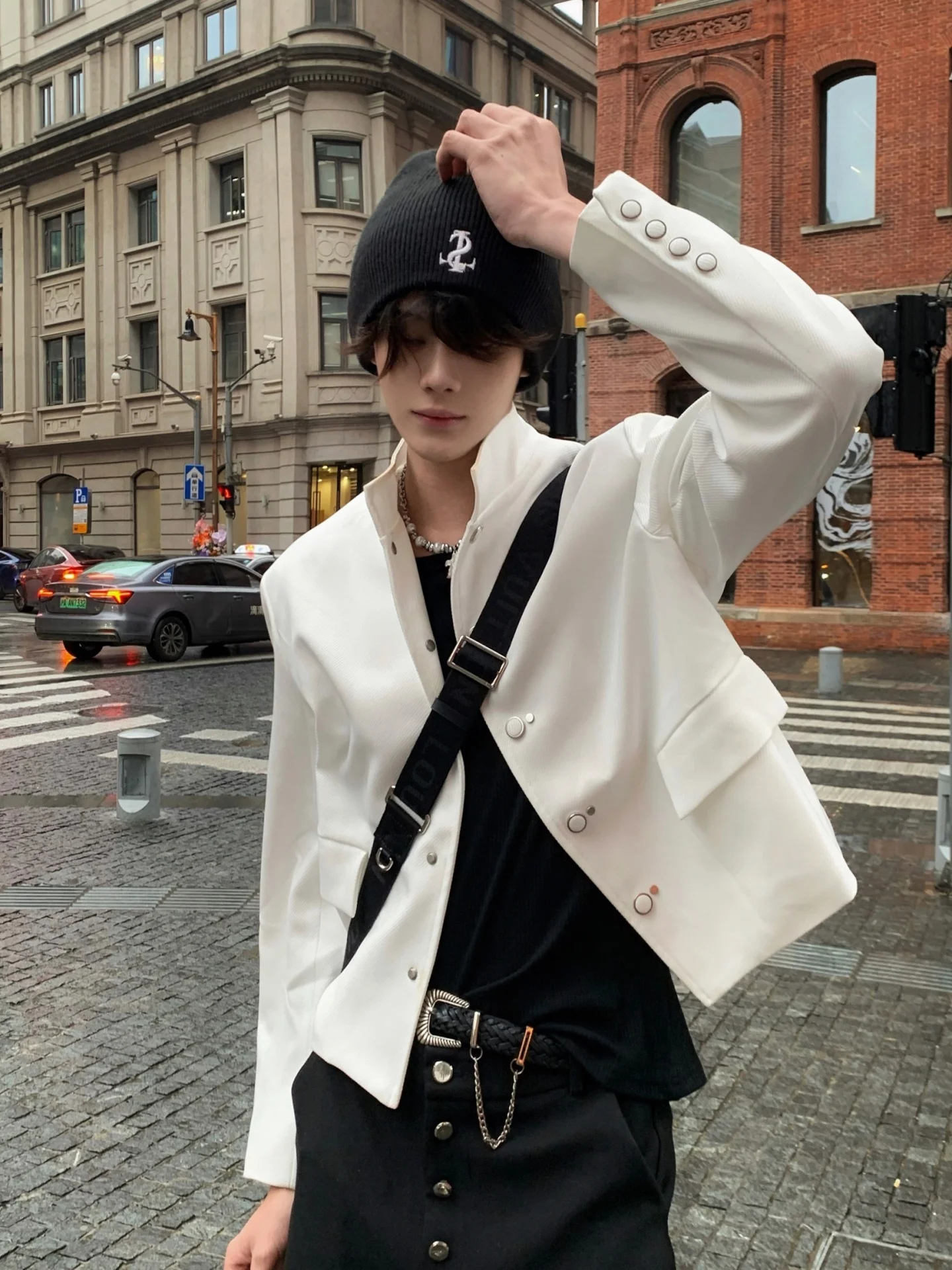 Ace Tailors Men's Metal Decorated Stand Collar Jacket Street Style Fashion Urban Outfit Short Length Loose Fit Spring Autumn