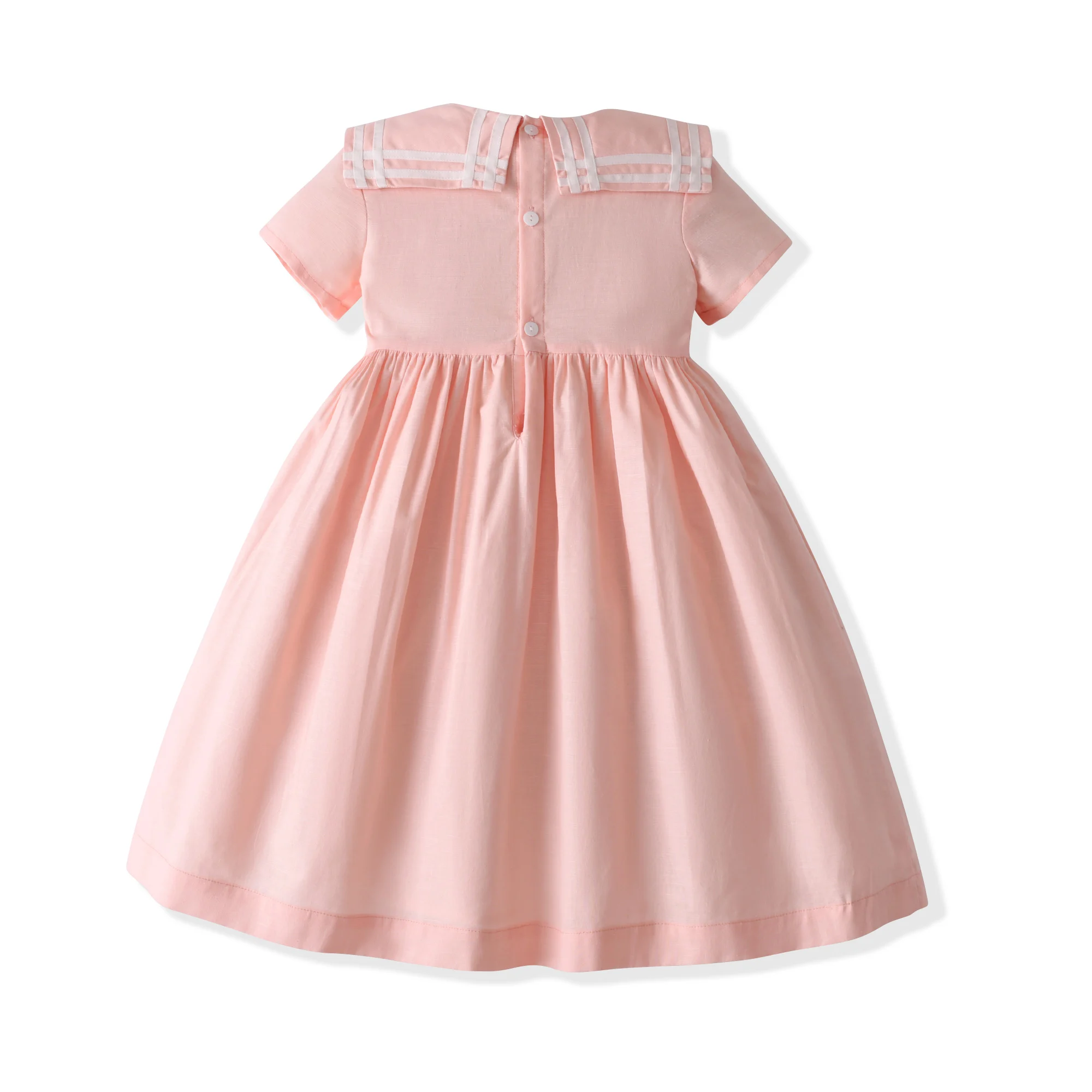 Children Dress Linen Honeycomb Hand Smocking Design Short Sleeves Kids Girls Dresses Exquisite Girl Clothing For Birthday Party