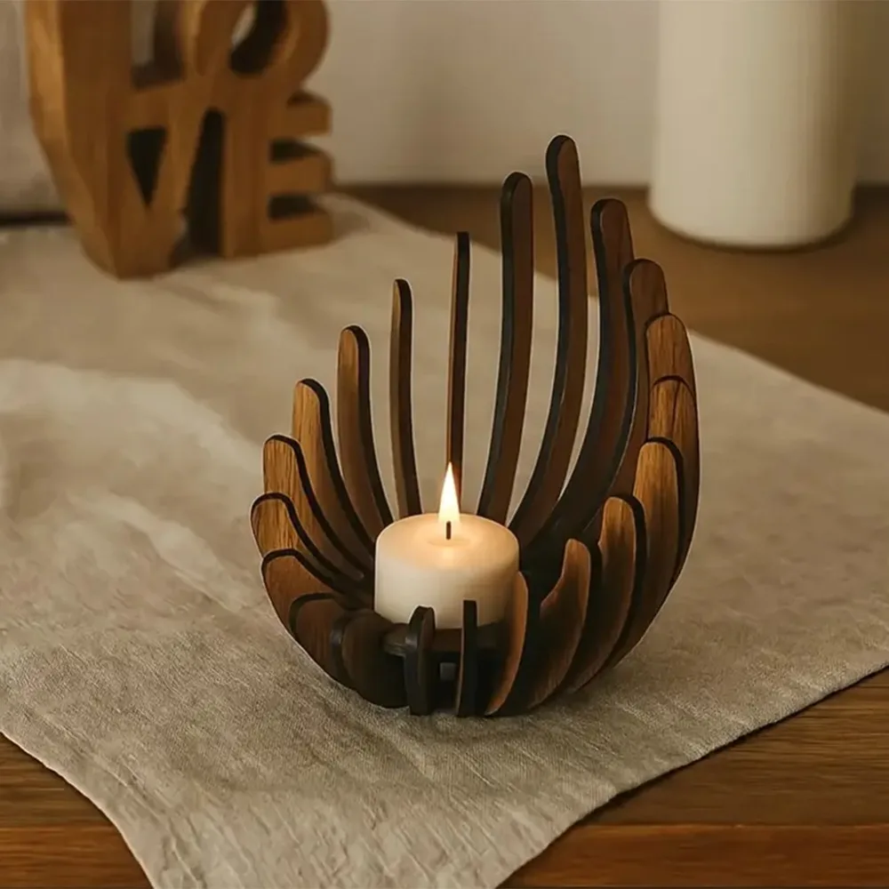 Wooden Lotus Candle Holder Assembled Flame Design Natural Wood Tea Light Stand for Home Wedding Party Table Decor Rustic Wooden