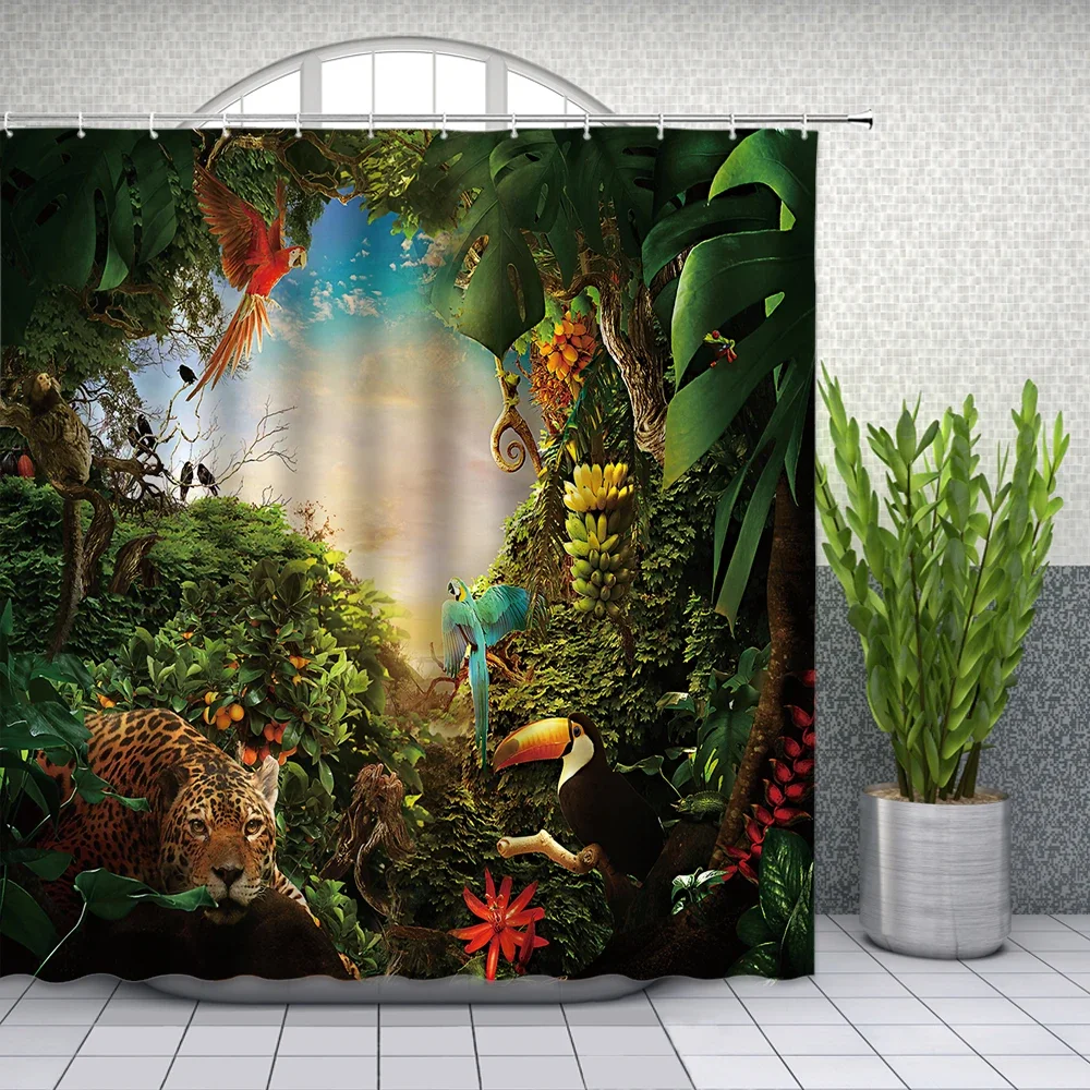 Tropical Jungle Landscape Shower Curtains Bathroom Decor Wild Animal Parrot Toucan Leopard Home Bathtub Decor Polyester Curtain