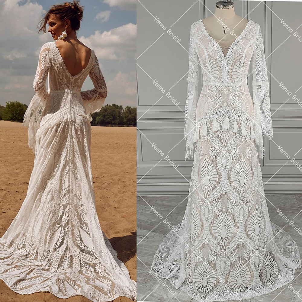 Boho Fitted Column Lace Wedding Dress for Women V Neck Long Bell Sleeves Hippie Tassels Backless Botanical Outdoor Bridal Gowns