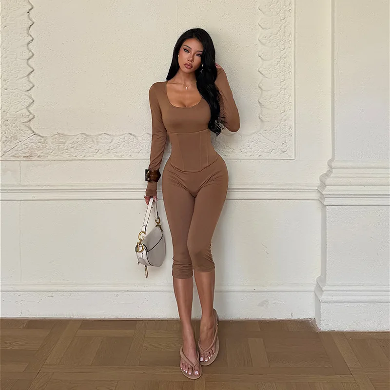 Fall Winter Hot Sale Square Neck Waist-Cinched Jumpsuit, Sexy Hot Girl Slimming Women Outfit