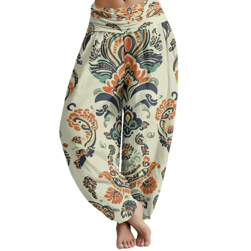 

Ретро ацтекские тайские брюки в этническом стиле, женские широкие брюки, шикарные свободные брюки с высокой талией для тренировок, повседневные элегантные шаровары