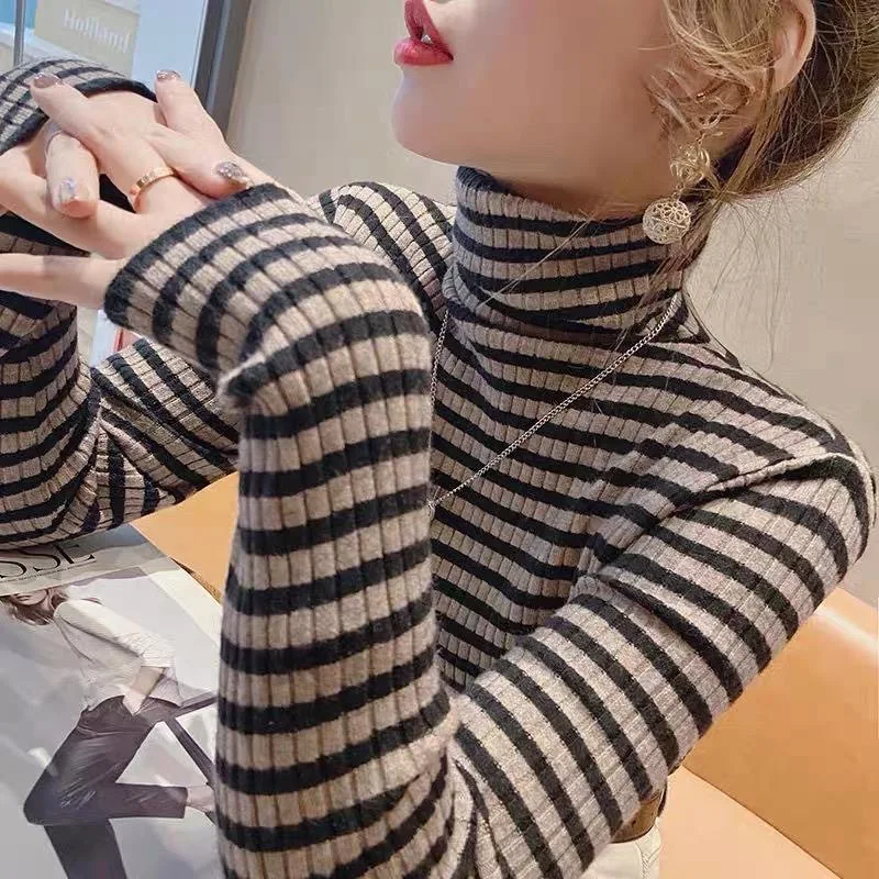 High Collar Women's Knitted Long Sleeve Base Shirt Autumn Winter Slim Fit Striped T-Shirt Inner Wear Fashionable Versatile