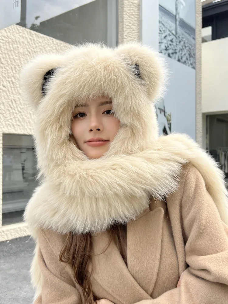 Fox fur scarf integrated fur snow hat female winter warm double-sided real hair soft cute ears age reduction