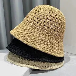 Handmade Crochet Floppy Top Summer Hats Collapsible Dome Bucket Hat Hollow Out Solid Color Beach Caps Simplicity Soft Women Hat