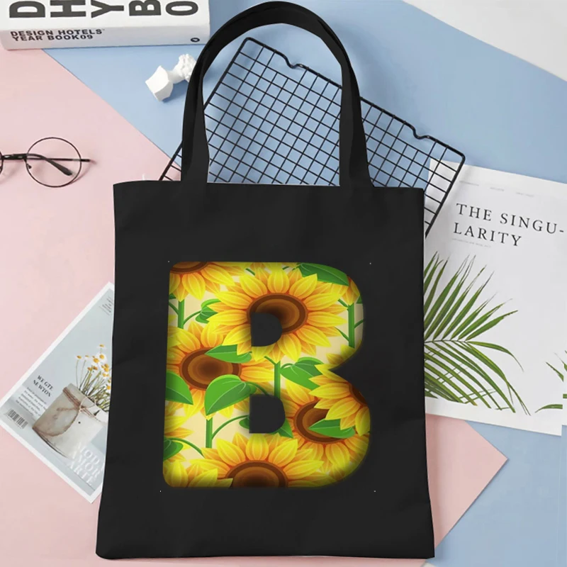 Sunflower 26 Alphabet Tote Bag Women Plant Aesthetics Y2K Canvas Fashion Shoulder Commuter Bag Teen Shopping Handbags