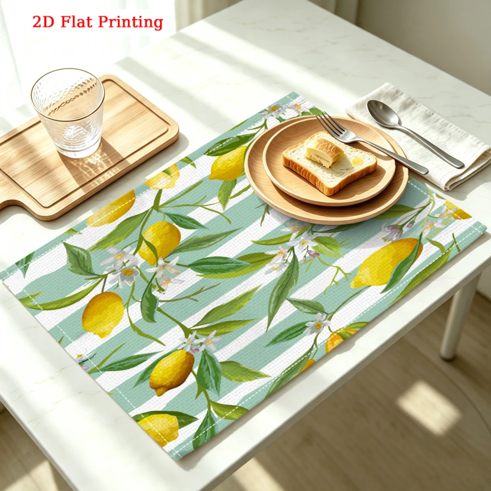 2Pcs Lemon Stripe Placemat Green Yellow Fruit Floral Table Mat Kitchen Dining Decor Non Slip Heat Resistant 30X40Cm