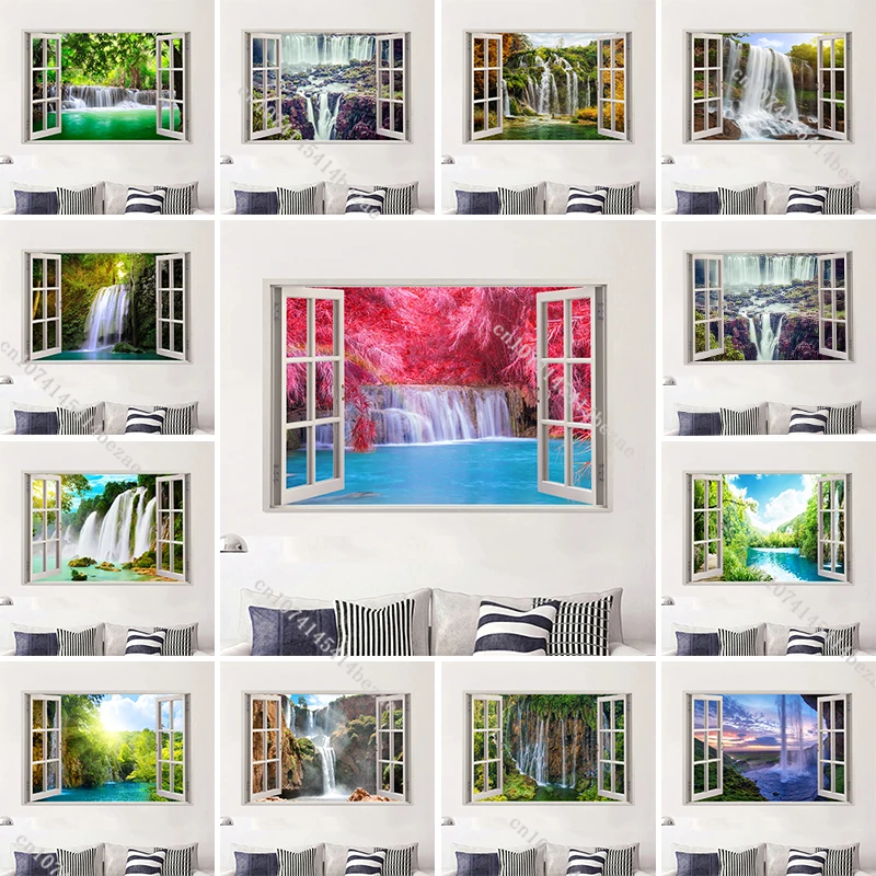 Forest Waterfall Wall Sticker Home Wall Decoration Mural Removable Waterproof Self-adhesive Simulation Window Scenery