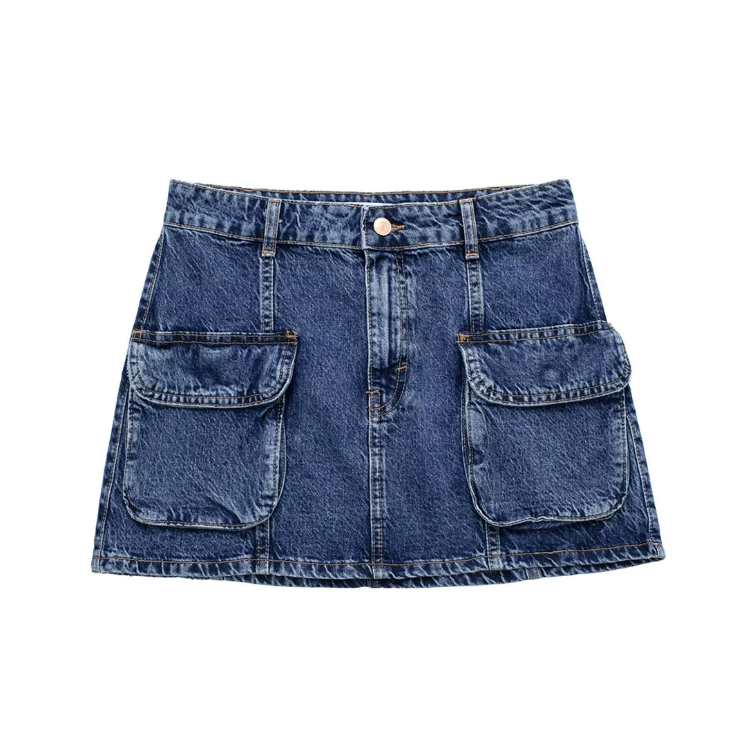 

Blue Women Denim Skirt Summer Solid Color Pockets Casual Mini Cargo Skirt Female Jean Short Skirt