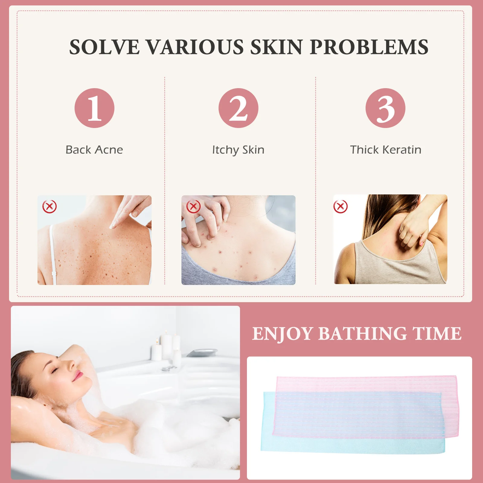 قطعتان من منشفة التقشير، منشفة حمام طويلة للاستحمام الخلفي، تدليك عميق ونظيف، قفاز نايلون متين وخفيف الوزن للسفر