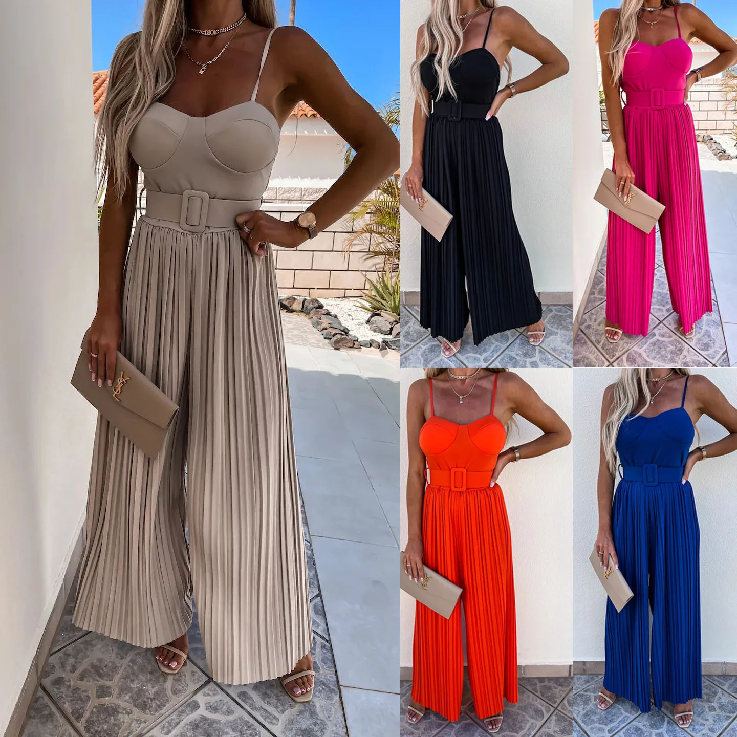 

Women Spring and Summer New Sexy Strap Sleeveless Pleated Jumpsuit Overall Pants Casual Vacation Multi-color Jumpsuits