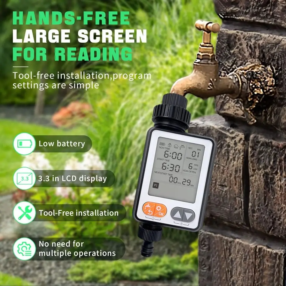 Large Screen Digital Watering Timer Adjustable Program Large LCD Display Garden Watering Timer IPX5 Waterproof Multiple Program