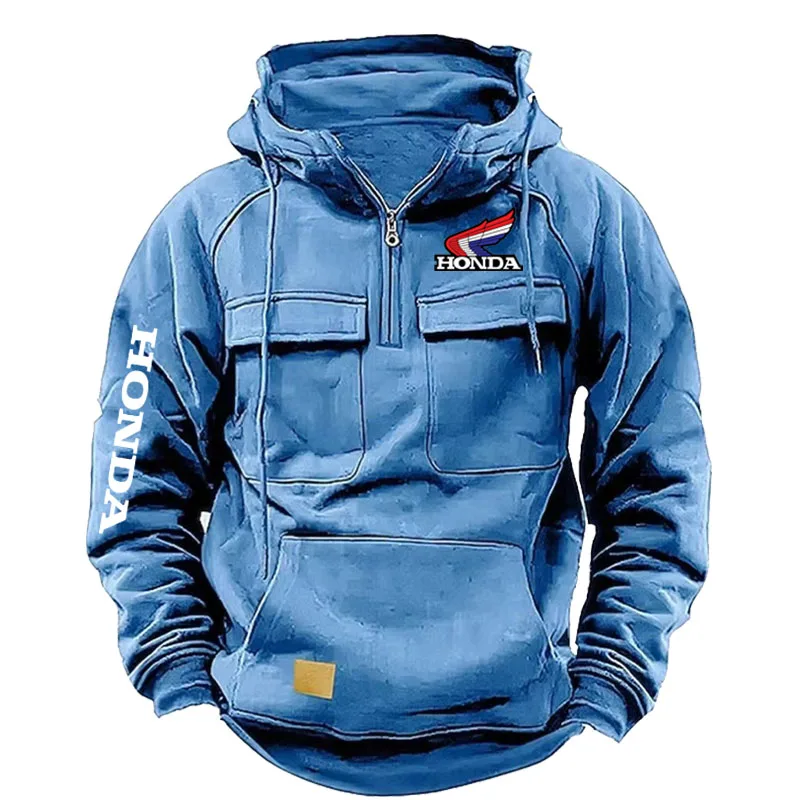 Honda Logo Men's Hoodie Pure Color Patchwork Sports Multi-ket Sweatirt Jaet Thiened Polyester Fabric Daily Wear Autumn New Arriv