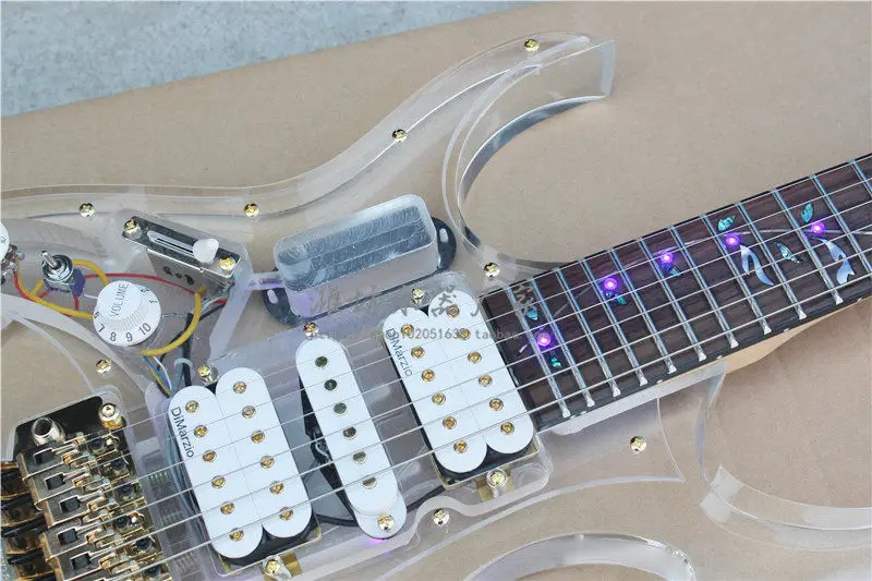 Left Hand Electric Guitar Organic Glass Acrylic Transparent Body Fingerboard with Blue Lights