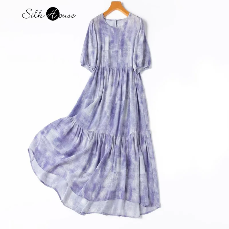 

2.5M Large Hem Artistic Denim Print 100% Natural Mulberry Silk Vacation Style Bubble Sleeve Women's Casual Party Cake Dress