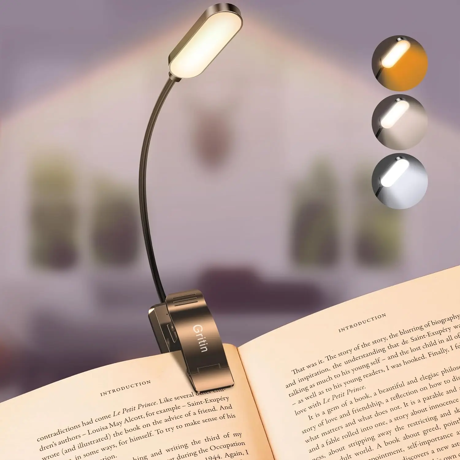 

16 LED Rechargeable Book Light for Reading - 3 Color Temperatures, Stepless Dimming, 80H Runtime, Flexible Clip