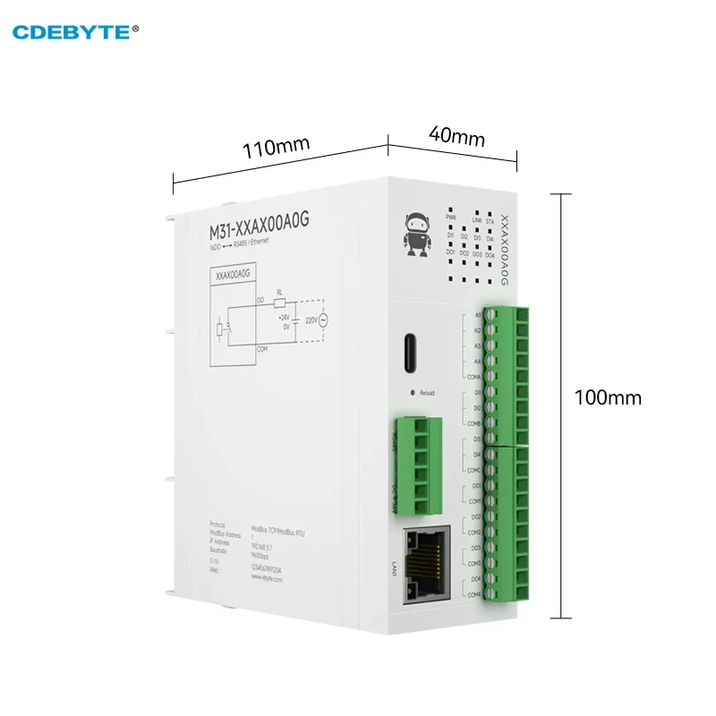 Imagem -02 - Módulo Análogo da Aquisição do Interruptor Modbus Tcp Rtu Pnp Npn 16do Rs485 Rj45 io Remoto Módulo do Anfitrião Cdebyte M31-xxax00a0g