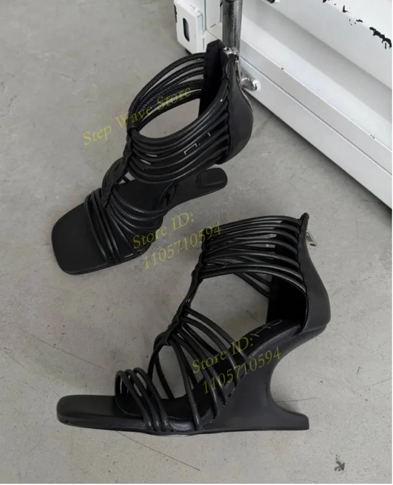 Black Narrow Strap Sandals Strange Style Square Toe Back Zip Runway 2026 Summer Women Dress Shoes Handmade New Arrivals image 3