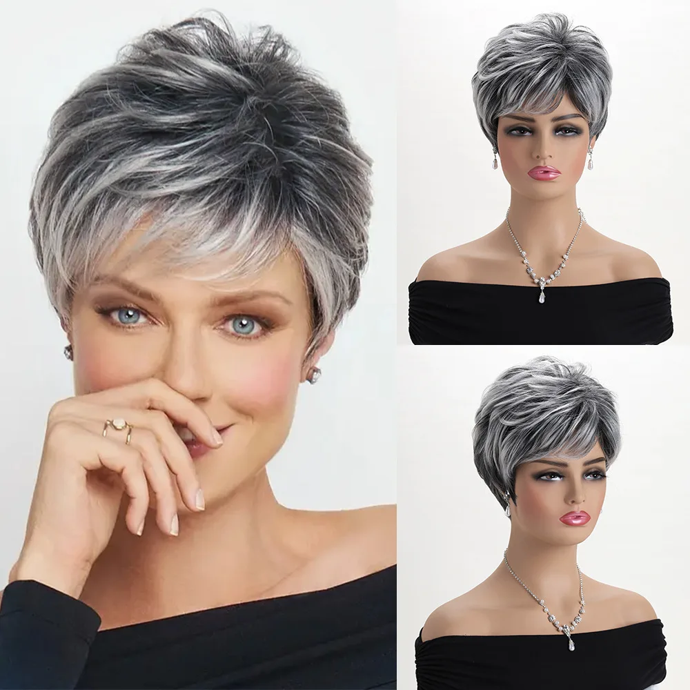 

Black and White Short Straight Wig for Women - Two-Tone Heat Resistant Synthetic Hair for Daily Party Use