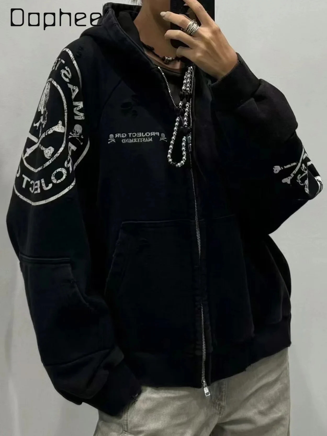 

American Street Punk Style Printed Distressed Hooded Jacket Spring Autumn New Fashion Personality Loose Casual Jackets for Men