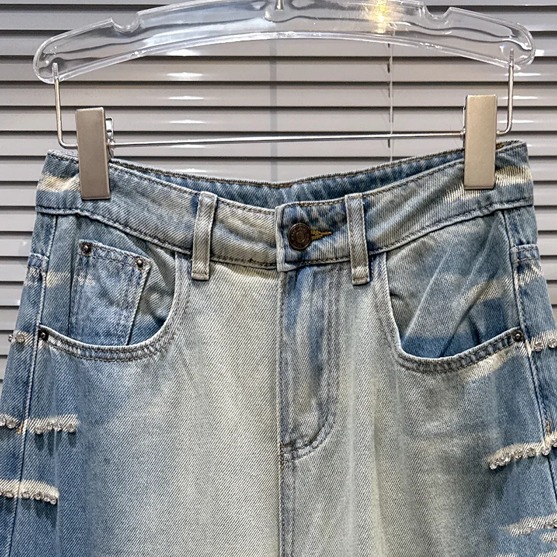 Spodnie damskie KBQ z efektem łączenia kolorów, zdobione diamentami, z wysokim stanem, o luźnym kroju, z gradientem, szerokie nogawki, styl jeansowy, modny styl damski.