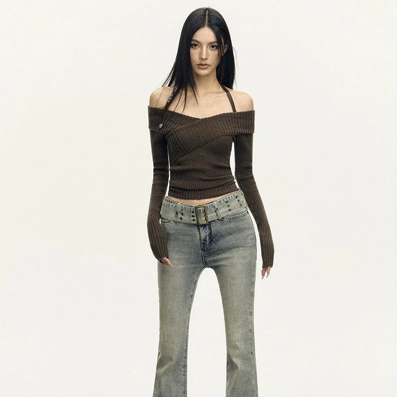 سترة نسائية مكشوفة الأكتاف من MEXZT Y2K بلوفرات محبوكة مثيرة مقصوصة هاراجوكو عتيقة برقبة مائلة ملابس تريكو شتوية #6