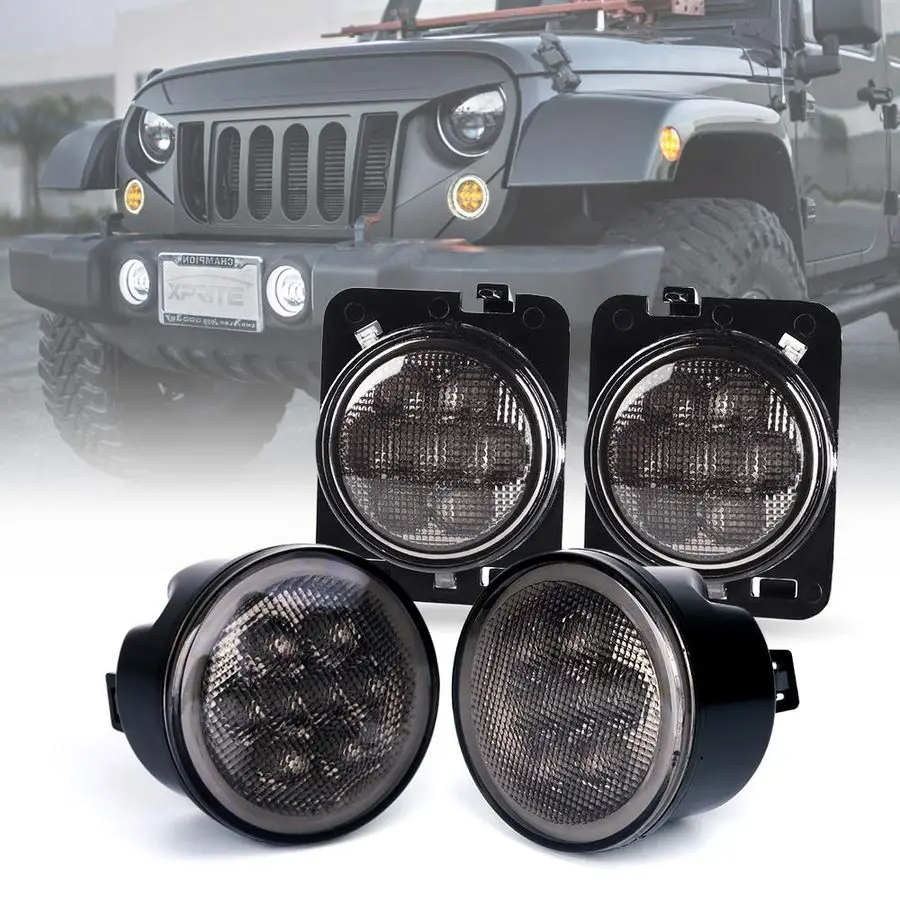 

LED Turn Signal Lights w White DRL Halo, Smoked Lens Fender Side Marker Lights Indicator Lamp Compatible with 20072018 Jeep Wran