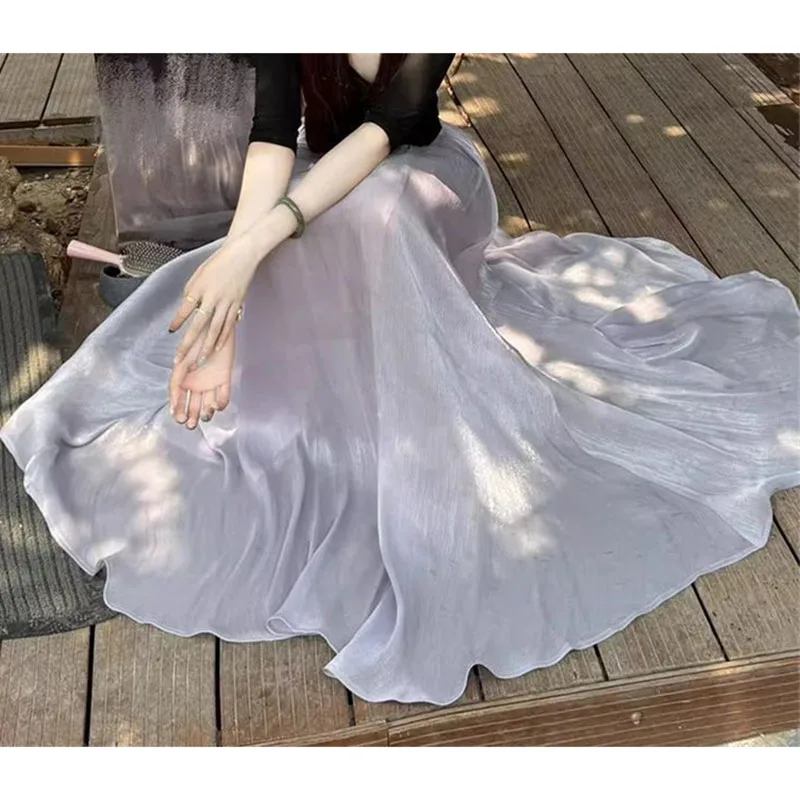 Female Fashion Island Satin Maxi Skirt Summer Women High Waist Sparkling Half Length Skirt Ladies Solid Color A-line Long Skirt