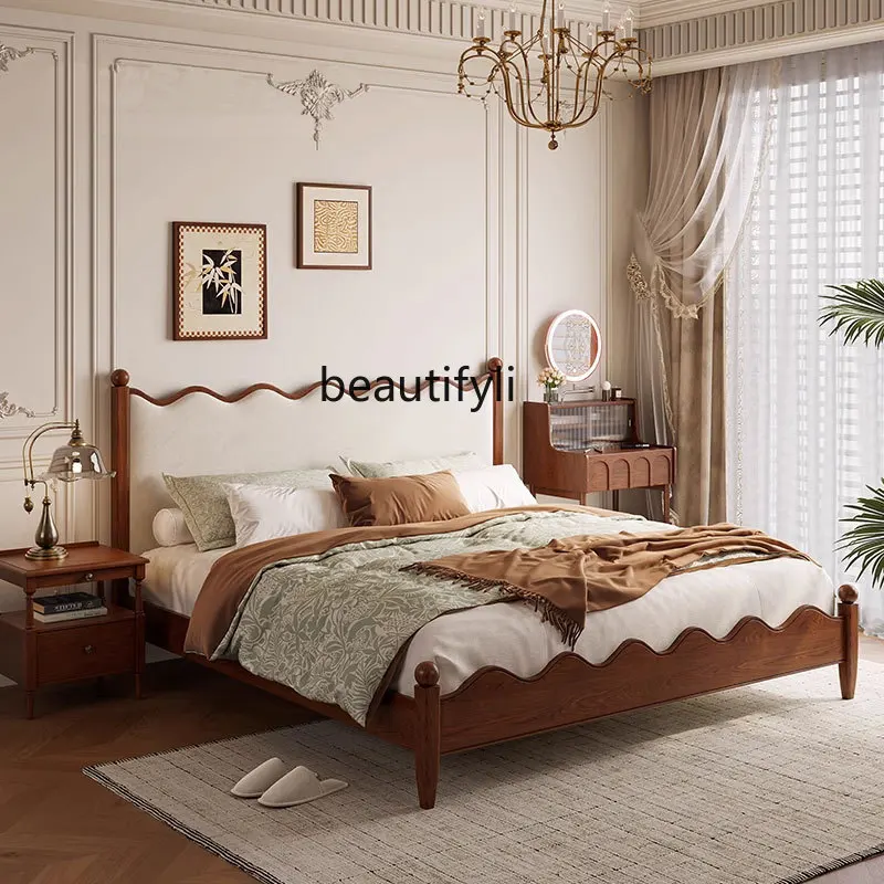 

French Cream Style Retro Bed Antique Style Large Bed Full Double Nordic White Ash Solid Wood Bed