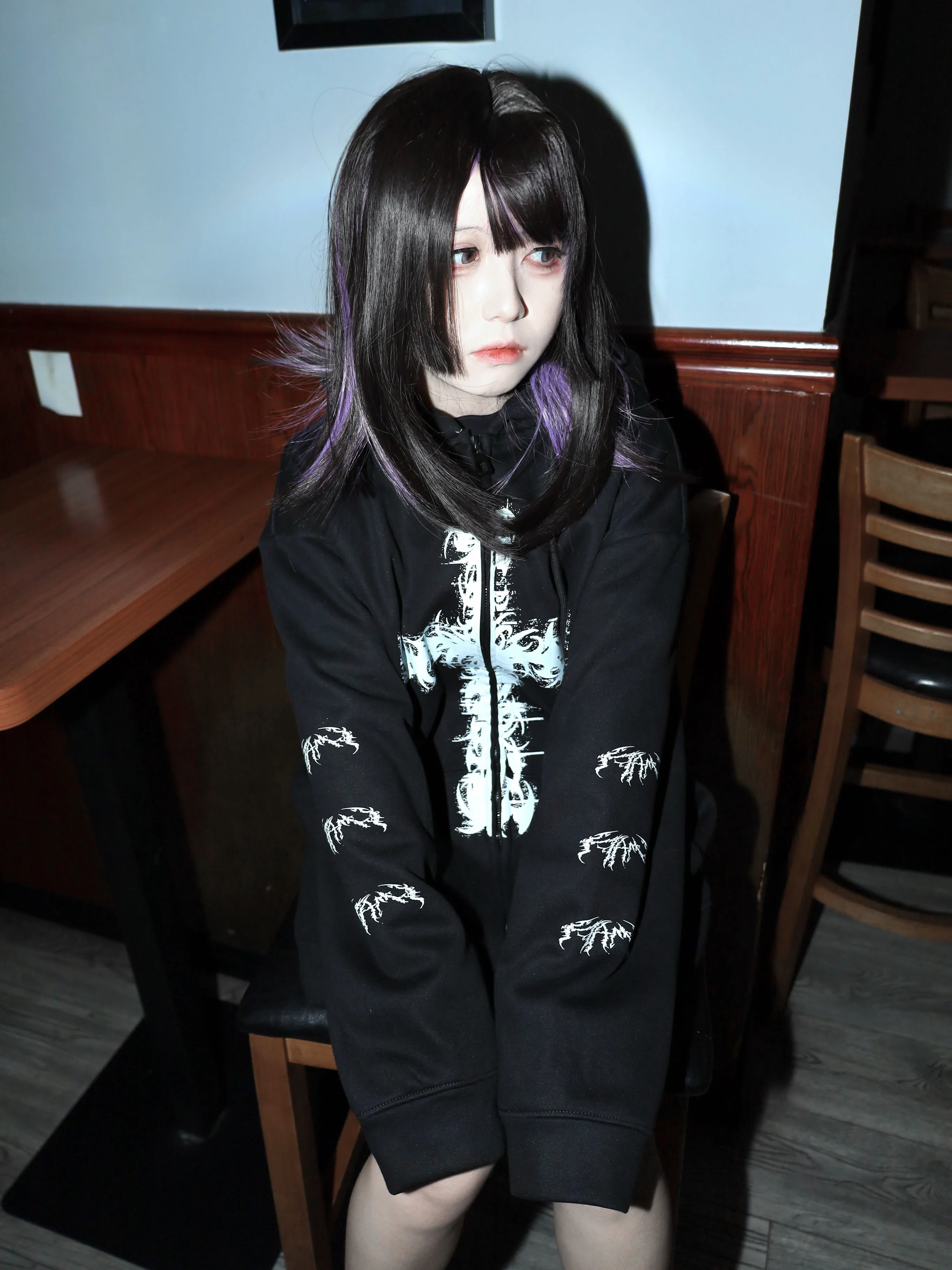 Japanese Mine Style Subculture Goth Cross Printed Long Sleeve Cotton Warm Velvet Loose Black Sweatshirts Zip Hoodie Women Autumn