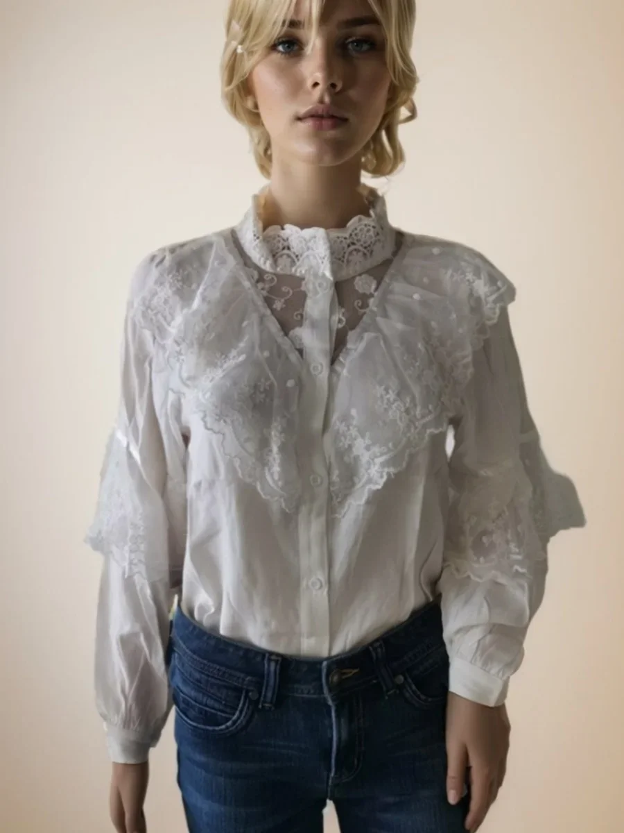 

GELITAYIN Fashionable Retro Ruffled Women's Stand Up Collar Shirt, Retro Women's Top 11335