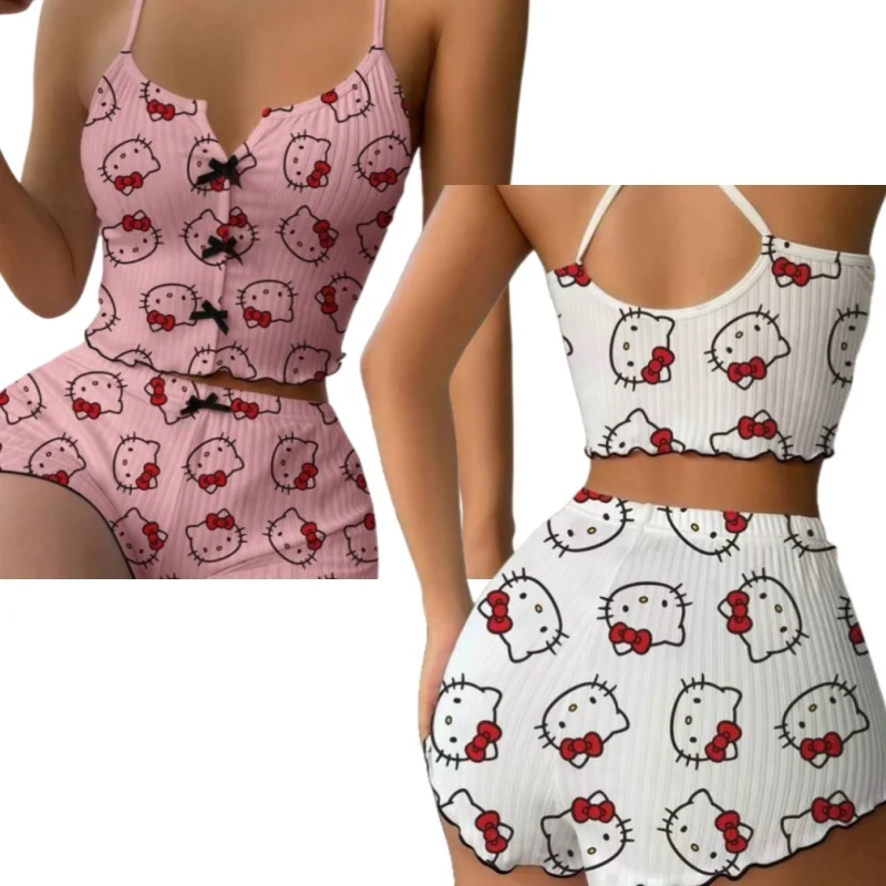 

Sweet and Spicy Girl Sanrio Anime Hello Kitty Camisole Pajamas Summer Women's New Home Clothes Summer Beachwear Vest ShortsSet