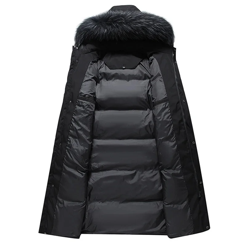 Chaqueta de plumón hasta la rodilla para hombre y mujer, Cuello de piel, sombrero desmontable, abrigo largo, acolchado, chaqueta esponjosa, Parkas de invierno