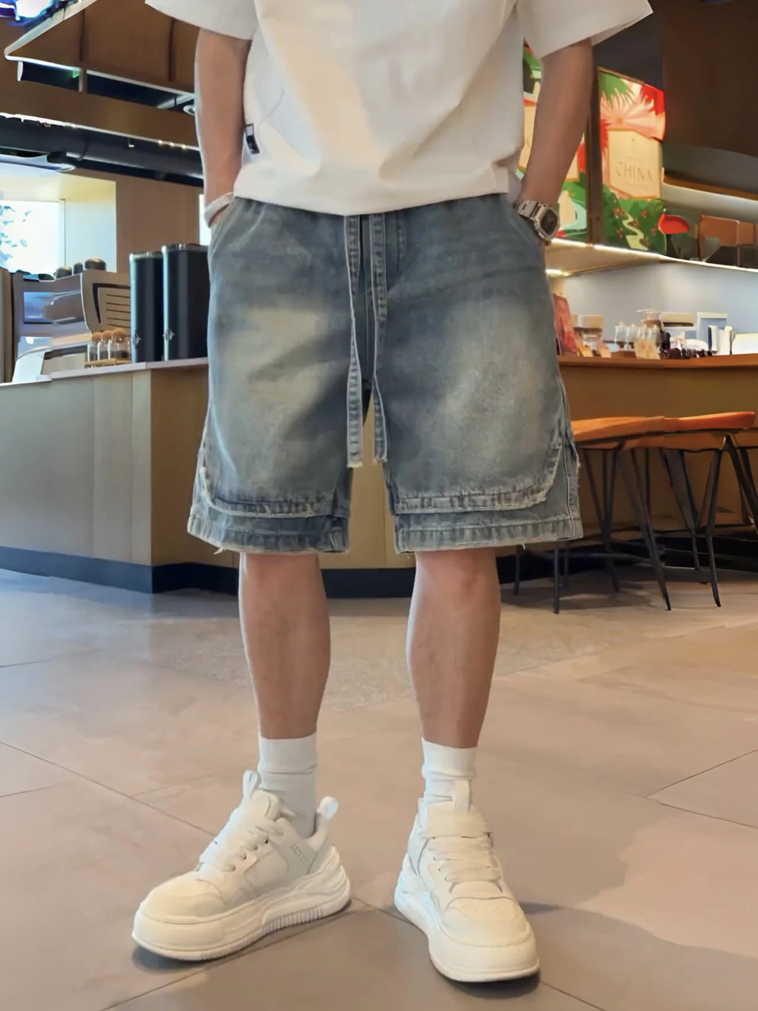 Retro American Style Faded Craft Men's Shorts Summer New Loose Workwear Five-Point Pants Youth Casual Daily Polyester Fiber