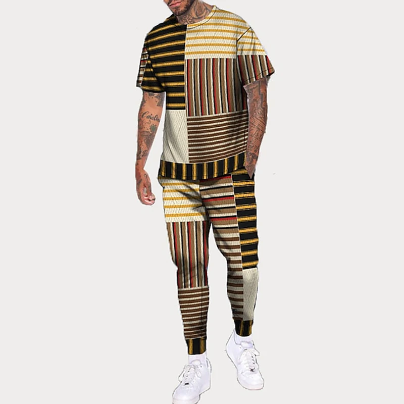 Men\'s T-shirt Long Pants Tracksuit Stripes Geometry 3D Print T Shirts Trousers Set 2 Pieces Streetwear Oversized Suit Sportswear