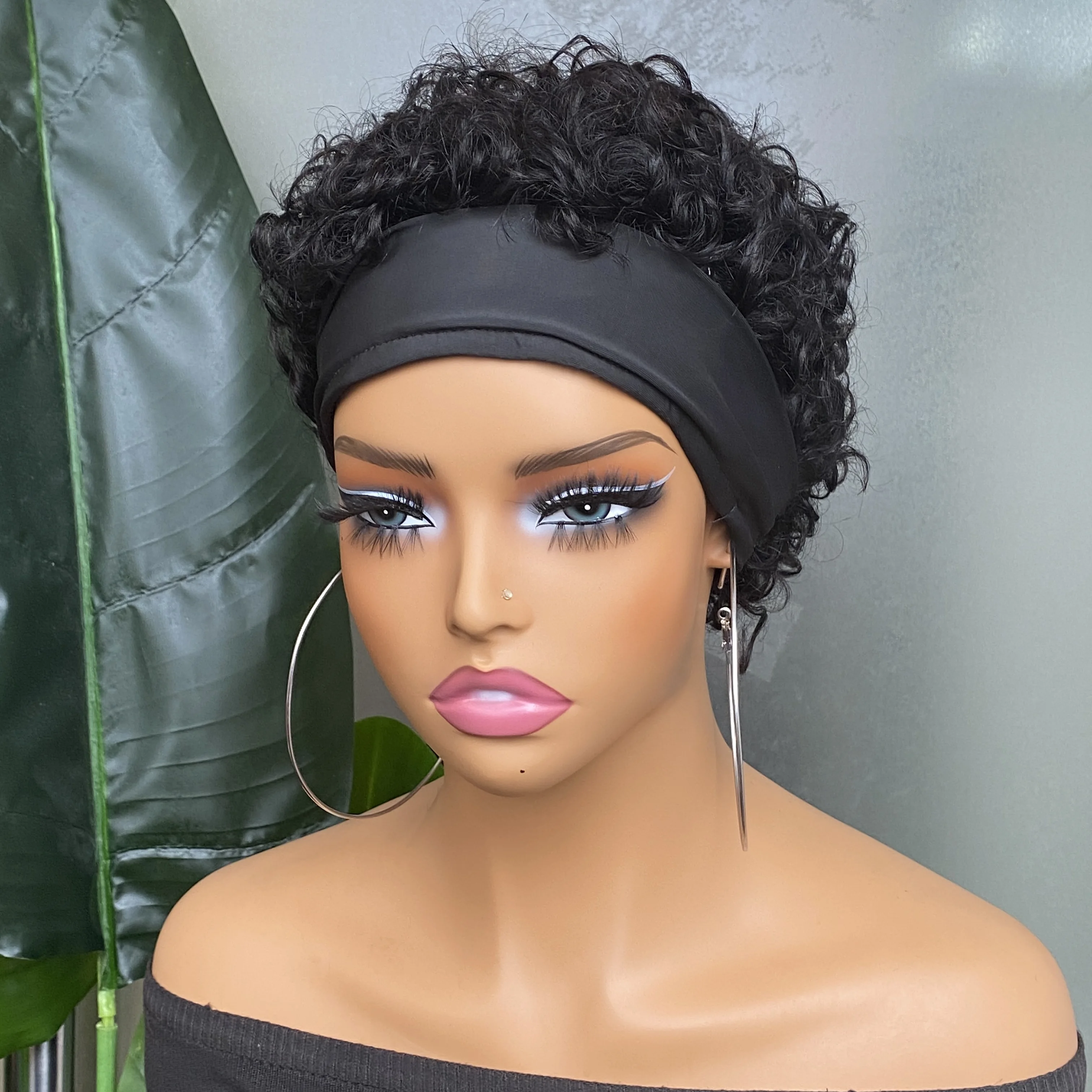 Water Wave Headband Wig Human Hair Wigs Curly Bob For Women Real Hair Pixie Cut Wig Machine Made Cap Hair image 5