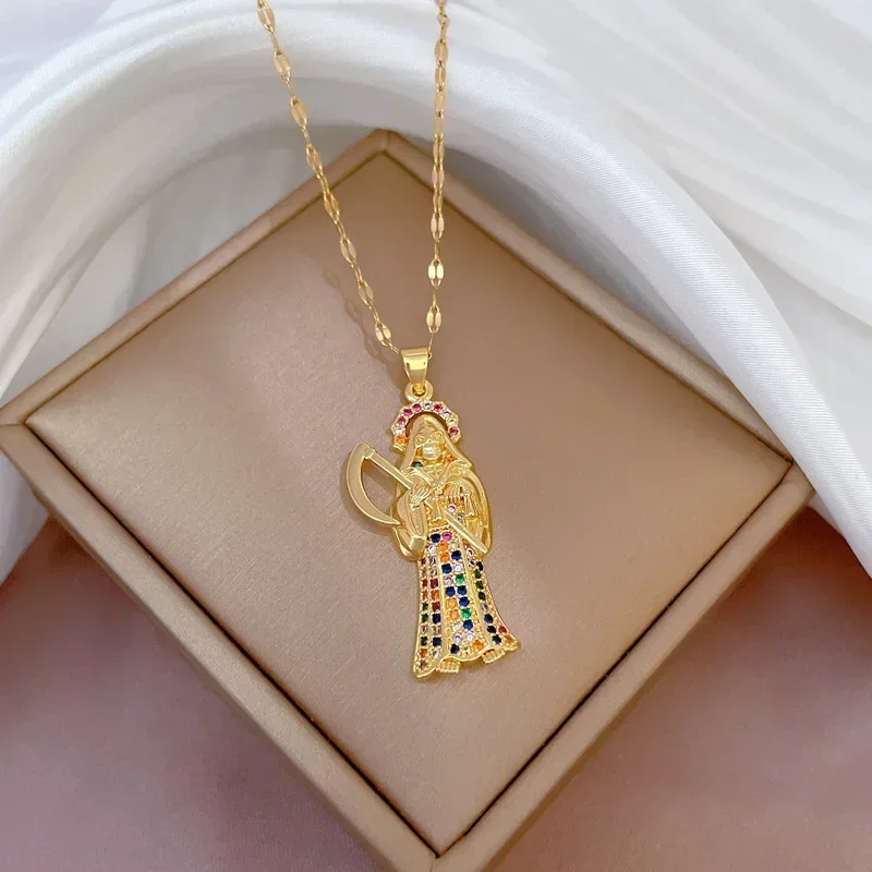 Holy Death Necklace for Saints Gold Plated Multi-color Pendant Necklace Stainless Steel Chain Christian Jewelry Santa Muerte