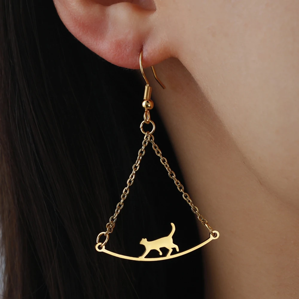 My Shape Cute Cat Earrings for Women Girls Stainless Steel Walking Cat Kitten Animal Pendant Drop Earrings Fashion Jewelry Gifts