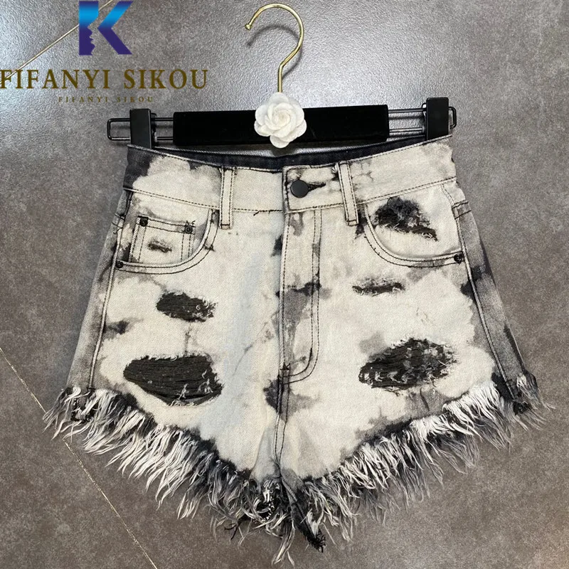 Tie Dye Denim Shorts Vrouwen 2022 Zomer Mode Kwastje Gescheurde Jeans Shorts Streetwear Losse Hoge Taille Wijde Pijpen Broek Vrouwelijke